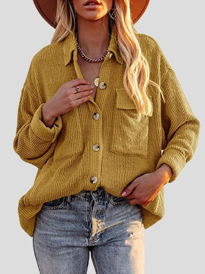 Women's Blouses Corduroy Pocket Button Long Sleeve Blouses - MsDressly