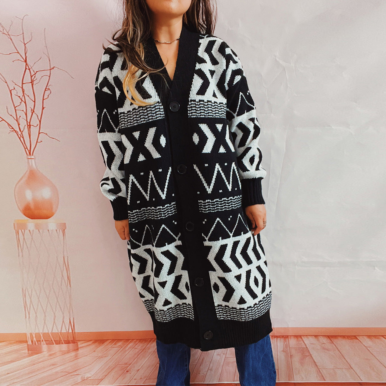 Color-Black-Autumn Winter Women V neck Lengthened Retro Geometric Abstract Long Sleeve Single-Breasted Knitted Sweater Coat-Fancey Boutique