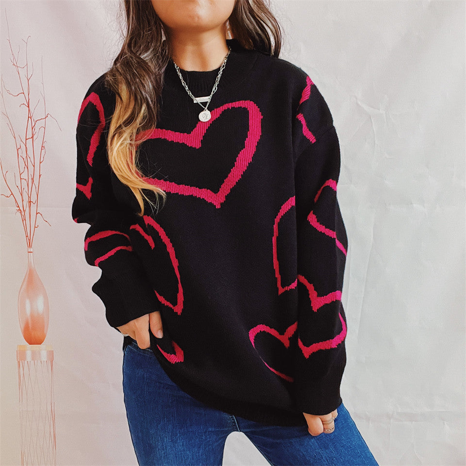 Color-Valentine Day Love Pattern Sweater round Neck Long Sleeve Autumn Winter Thickening Knitted Pullover for Women-Fancey Boutique