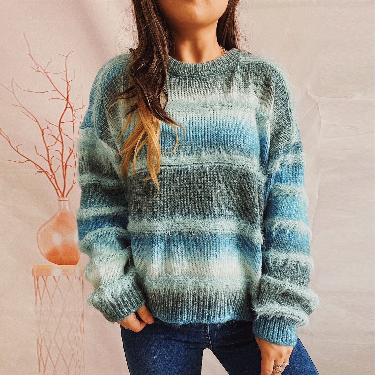 Color-Green-Autumn Winter Loose Gradient Color Striped Imitation Marten Knitted Round Neck Long Sleeve Pullover Sweater for Women-Fancey Boutique