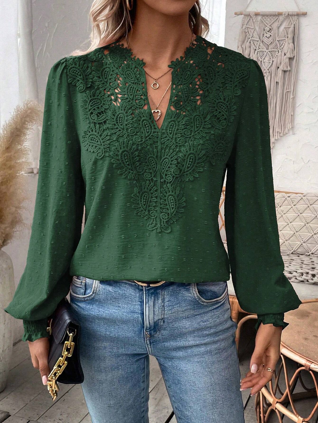 Women’s Elegant Long Sleeve Blouse with Lace Overlay