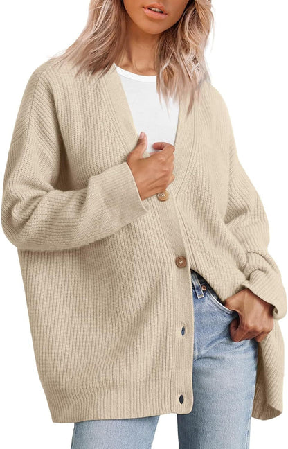 Color-V Neck Front Button Solid Color Sweater Cardigan Women Clothing Loose Large Board Knitted Coat-Fancey Boutique